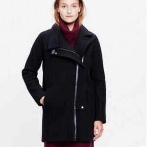 Madewell City Grid Cocoon Warm Coat Black Wool Full Zip Leather Trim Jacket 00